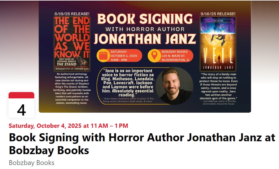 Book Signing - Meet & Greet With Horror Author Jonathan Janz@ Bobzbay Books 4 October 2025