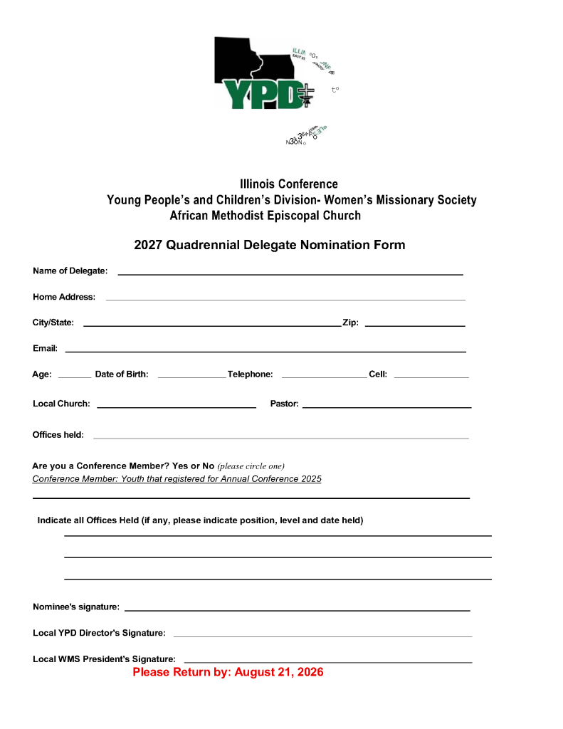 2027 Quadrennial YPD Delegate Nomination Form - Due 21 August 2026