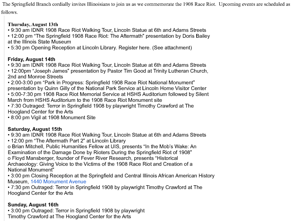 Springfield 1908 Race Riot Citywide Observance Schedule 13-16 August 2026