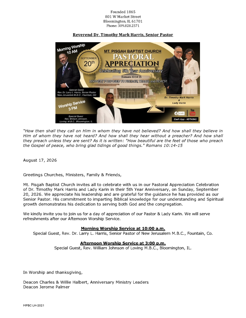 MPMBC 5th Pastoral Appreciation Celebrating Rev. Dr. Timothy Mark & Lady Karin Harris 20 September 2026